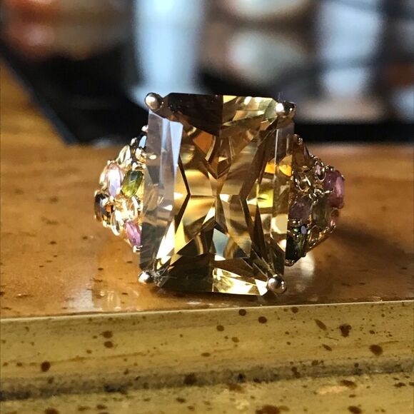 Natural Citrine Tourmaline Sterling Silver Cocktail Ring Size 9 - Picture 10 of 10